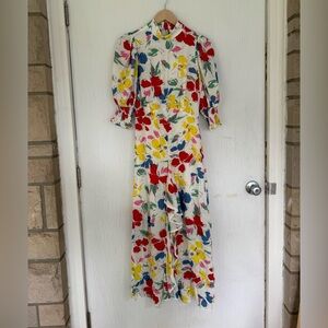 RIXO x Target Floral Maxi Dress Mock Neck Cascade Ruffle Split Front Size 0 NWT
